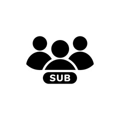 Icon showing three people figures in black with a subscription button, representing teamwork.