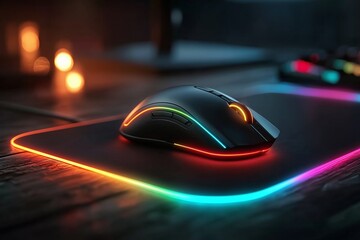 Sleek RGB Gaming Mouse Illuminated on Colorful Mouse Pad in Dark Room Ambiance
