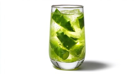 Translucent green aloe vera juice with floating pulp in a slim transparent glass isolated clean lighting no shadows overlay cut out on isolated transparent removed background