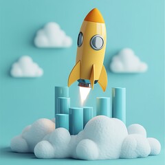 Yellow Rocket Launching Above Blue Pillars Surrounded by Clouds on Blue Background