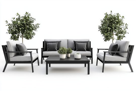 Simple black outdoor furniture set with three sofas, coffee table, gray cushions, and indoor plants as decor on white background