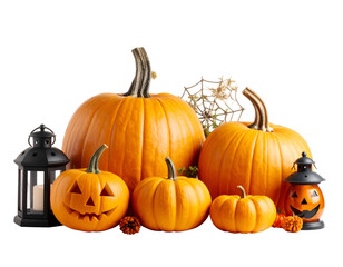 Obraz premium A festive arrangement of vibrant orange pumpkins and spooky lanterns creates a perfect Halloween display.