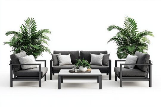 Simple black outdoor furniture set with three sofas, coffee table, gray cushions, and indoor plants as decor on white background