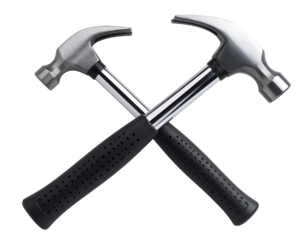 Two sturdy claw hammers with sleek metal heads and textured grips cross to form a powerful symbol of construction.