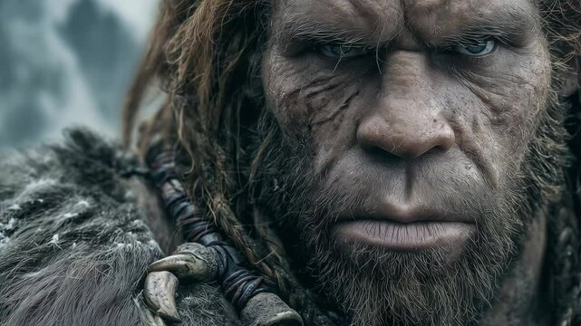 A close up portrait of a prehistoric neanderthal human showcasing facial features and attire in a rugged, natural environment from ancient times
