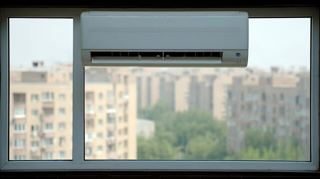 A white air conditioner unit mounted in a window with a city view