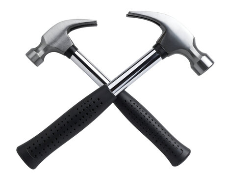 Two sturdy claw hammers with sleek metal heads and textured grips cross to form a powerful symbol of construction.