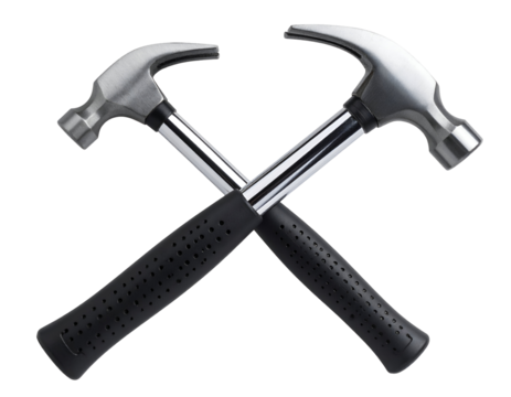 Two sturdy claw hammers with sleek metal heads and textured grips cross to form a powerful symbol of construction.