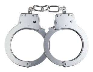 Bright chrome handcuffs symbolize law, order, and the concept of criminal justice.