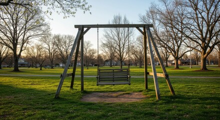A wooden swing set sits peacefully on a grassy field during a tranquil late afternoon in the park.