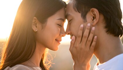 Close-up couple faces, tender touch, sunlit