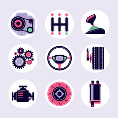 Car parts icon set Service and Repair with Components and accessories for different models of cars