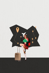 Poster 3d zine image vertical collage of happy girl guy stand summer vacation route aircraft...