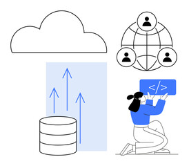 Cloud, database, growth arrows, global user network, woman coding on a screen. Ideal for technology, software, networking, cloud computing data sharing innovation and simple landing page