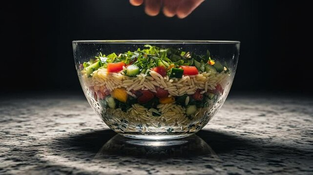 Summer Food: Fresh Orzo Pasta Salad in Glass Bowl