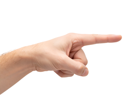 A human hand points forward with its index finger, indicating direction or attention.