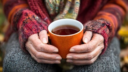 Cozy autumn tea break: woman holding warm beverage in mug with knitted gloves for relaxation time