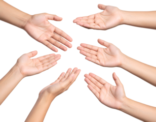 Multiple human hands with open palms extend outwards, symbolizing connection, unity, and support.