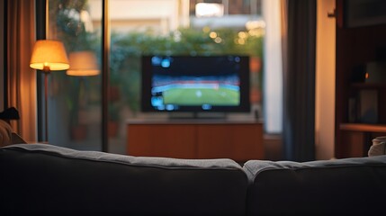 Cozy living room interior with television and comfortable sofa for relaxation and entertainment time