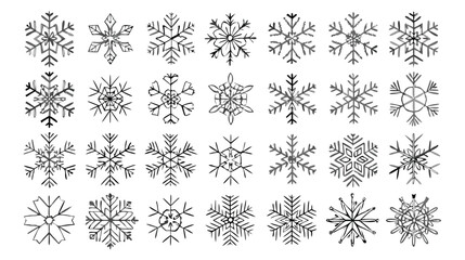 A collection of hand drawn winter snowflakes on a white background for christmas and holiday design