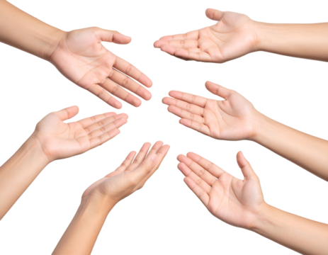 Multiple human hands with open palms extend outwards, symbolizing connection, unity, and support.
