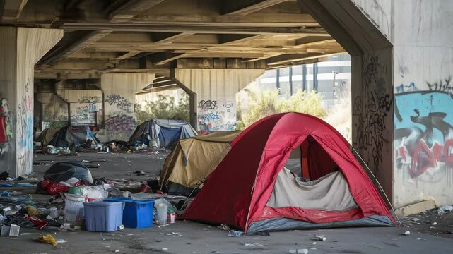 A makeshift campsite with tents and scattered belongings is seen under an overpass, highlighting urban homelessness in a city landscape