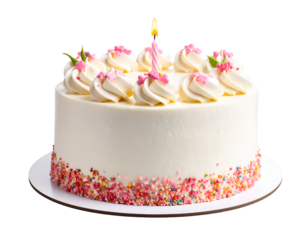 Elegant white cake featuring delicate frosting swirls, playful heart sprinkles, and a bright burning candle.