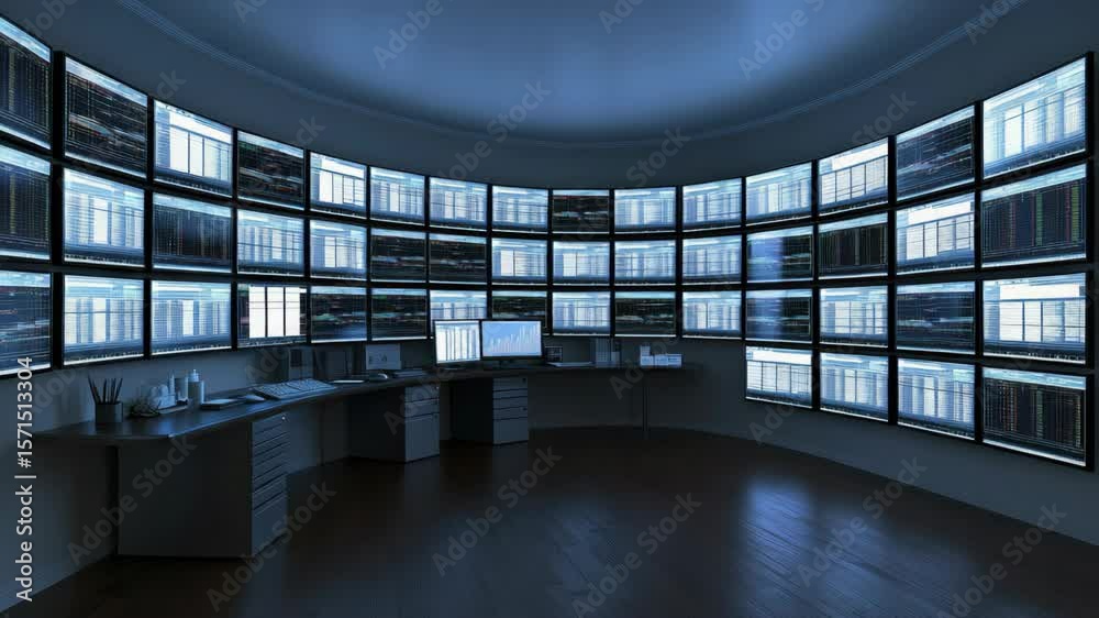 Poster a modern trading workspace filled with numerous screens displaying various market data and analytics