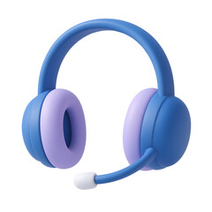 3D headset icon, blue and lavender headphones with microphone for communication and support, isolated on transparent background