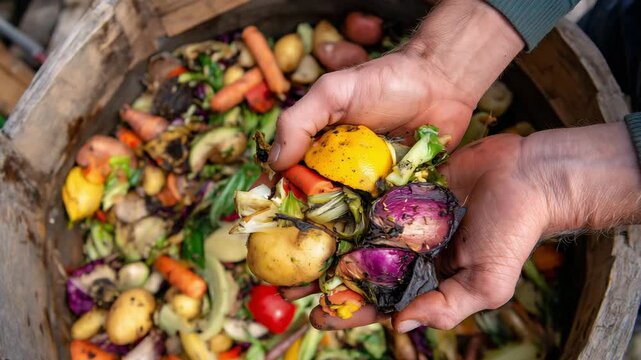 Hands showing the process of composting with various vegetable scraps collected from a community garden during springtime