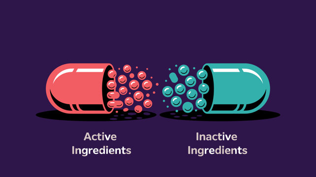 Capsule being split into active and inactive ingredients in pharmaceutical vector illustration