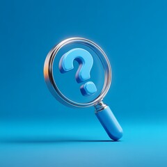 Blue Question Mark Through Magnifying Glass on Blue Background Searching for Answers Concept