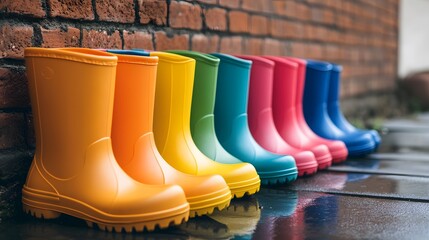 Colorful rain boots for kids waterproof footwear rubber wellies against brick wall outdoor fashion style