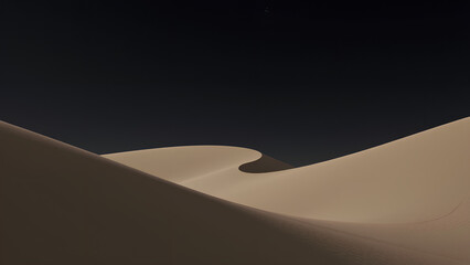 Eine abstrakte Wüstenszene bei Nacht mit minimalen, sichelförmigen Dünenformen im sanften Mondlicht. Tiefe Schatten, gedämpfte Braun- und Anthrazittöne, kaum sichtbare Sterne darüber. KI Generated