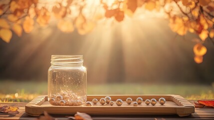 Sunlight Shining Through Leaves Above Jar Filled with Marbles