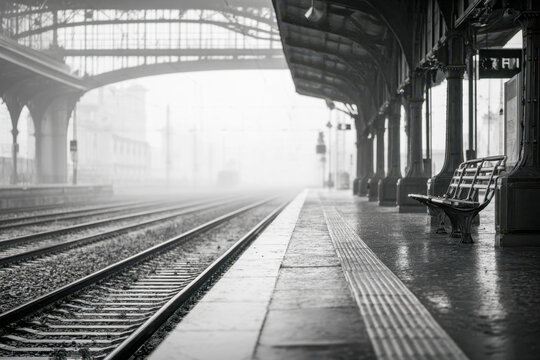 Empty train station platform in foggy weather with empty benches and tracks - Powered by Adobe