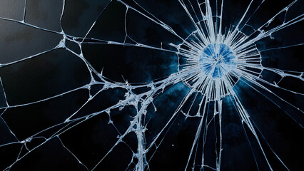 Ein abstraktes Bild mit dunklem Hintergrund, spinnennetzartig gesprungenem Glas und zarten Tintenblüten, die in die Risse sickern. Schwarz, Ultramarin und ein Hauch von Silber. KI Generated