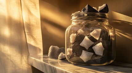 Sunlit Jar of Sugar Cubes and Dark Rock Sugar on Shelf