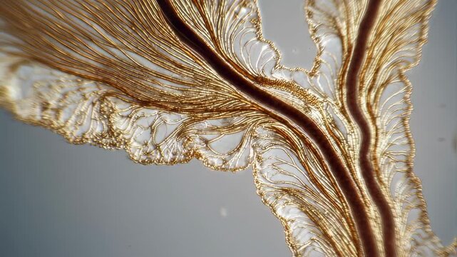 Microscopic view of a fern leaf revealing intricate veins, spores, and delicate cellular structures, offering a glimpse into the fascinating world of botany and plant biology
