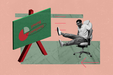 Banner 3d artwork collage of happy girl guy business worker sit young company startup presentation...