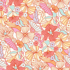 Coral Floral Vector Meadow Seamless Pattern