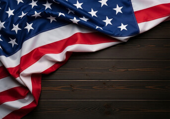 Obraz premium A vibrant American flag draped over a dark wooden surface