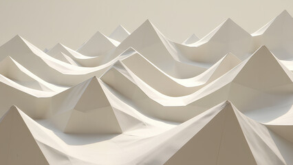 Eine surreale Landschaft, die vollständig aus übergroßen Origami-Falten besteht und Täler, Gipfel und Hochebenen bildet. Weiches Licht wirft scharfe geometrische Schatten. KI Generated