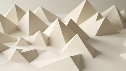 Eine surreale Landschaft, die vollständig aus übergroßen Origami-Falten besteht und Täler, Gipfel und Hochebenen bildet. Weiches Licht wirft scharfe geometrische Schatten. KI Generated