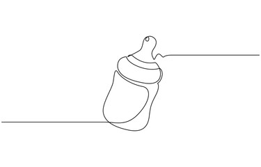 Continuous single drawn one line bottle for feeding babies. Bottle nipple of baby pacifier, Bottle nipple of baby pacifier. Baby feeding concept line art minimal design isolated on white background.