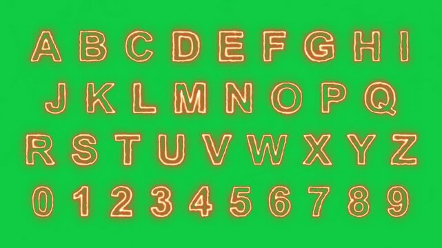 alphabet letters and numbers neon lights glowing fire font on green background animation ,chroma key uppercase letters gamer and technology motion design element	