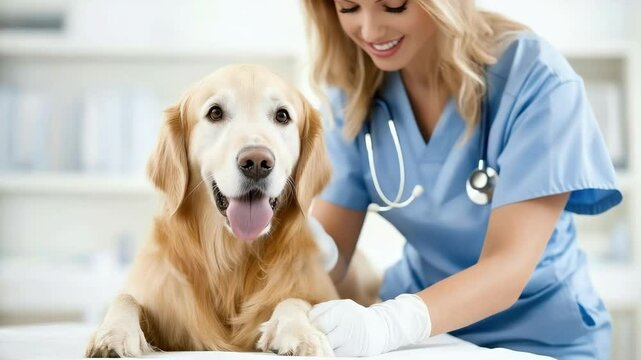 A skilled veterinarian provides attentive care to a golden retriever, showcasing professionalism and gentle handling in a medical setting
