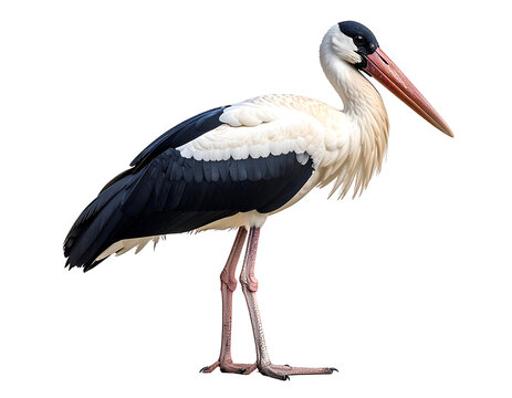 A majestic stork stands tall, showcasing its striking black and white plumage and long reddish beak.