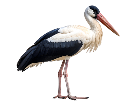 A majestic stork stands tall, showcasing its striking black and white plumage and long reddish beak.