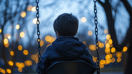realistic close-up of boy sitting alone on swing at dusk, dim playground lights casting long shadows, introspective atmosphere